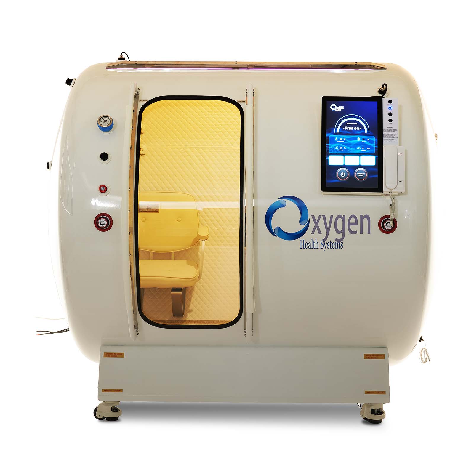 Front view of the Oxygen Health Systems multiplace hard-shell hyperbaric chamber with control panel